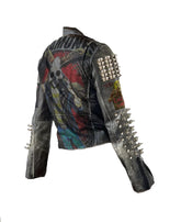 Women’s Punk Rock Jacket – Ramones & Cannibal Corpse Patches, Silver Spiked Gothic Leather, Custom Rock ’n’ Roll Outfit